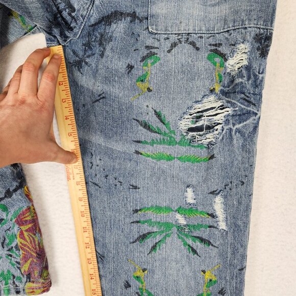 Monthorigin Overalls Womens Large Blue Floral Print Bibs Denim Distressed Casual - Picture 6 of 14